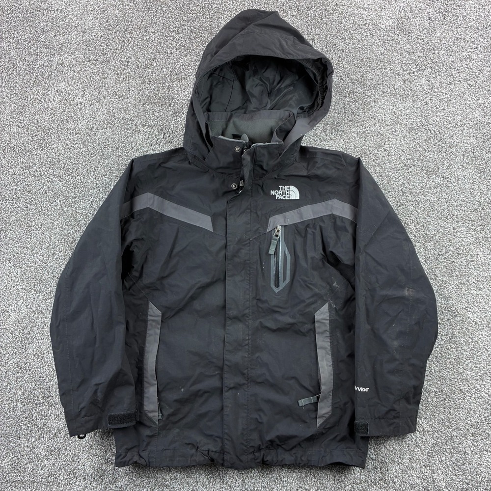 The North Face HyVent Jacket Boys Medium Black Gray Waterproof Hooded Rain